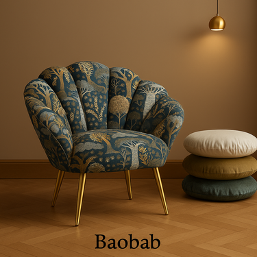 Mid-century armchair upholstered in blue and gold baobab tree fabric, boho botanical accent in luxury decor.
